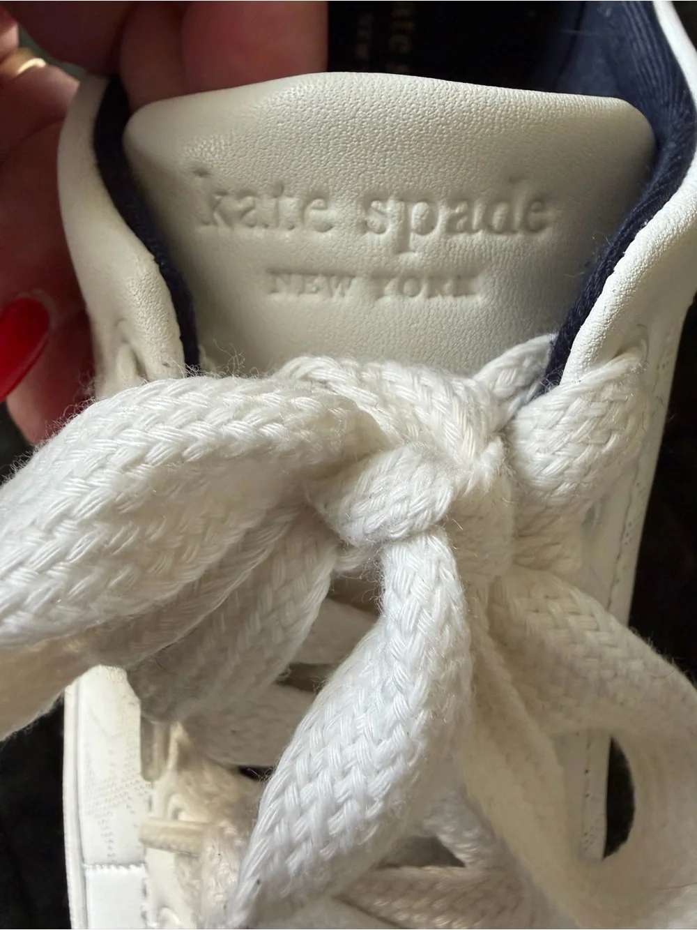 Kate Spade-White Casual Lace-Up Sneakers with Navy Heel Accent-Designer-Classic